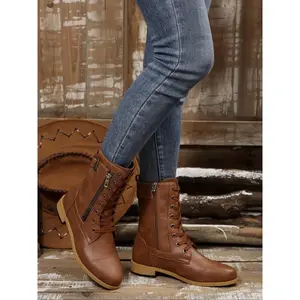 New Cool Mid-Calf Boots for Women, Side Zipper Buckle Design, Lace-Up British Style Knight Boots, Fashionable and Durable