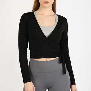 V-Neck Wrap Long Sleeve Crop Top - Breathable Knit Athletic Top with Side Tie