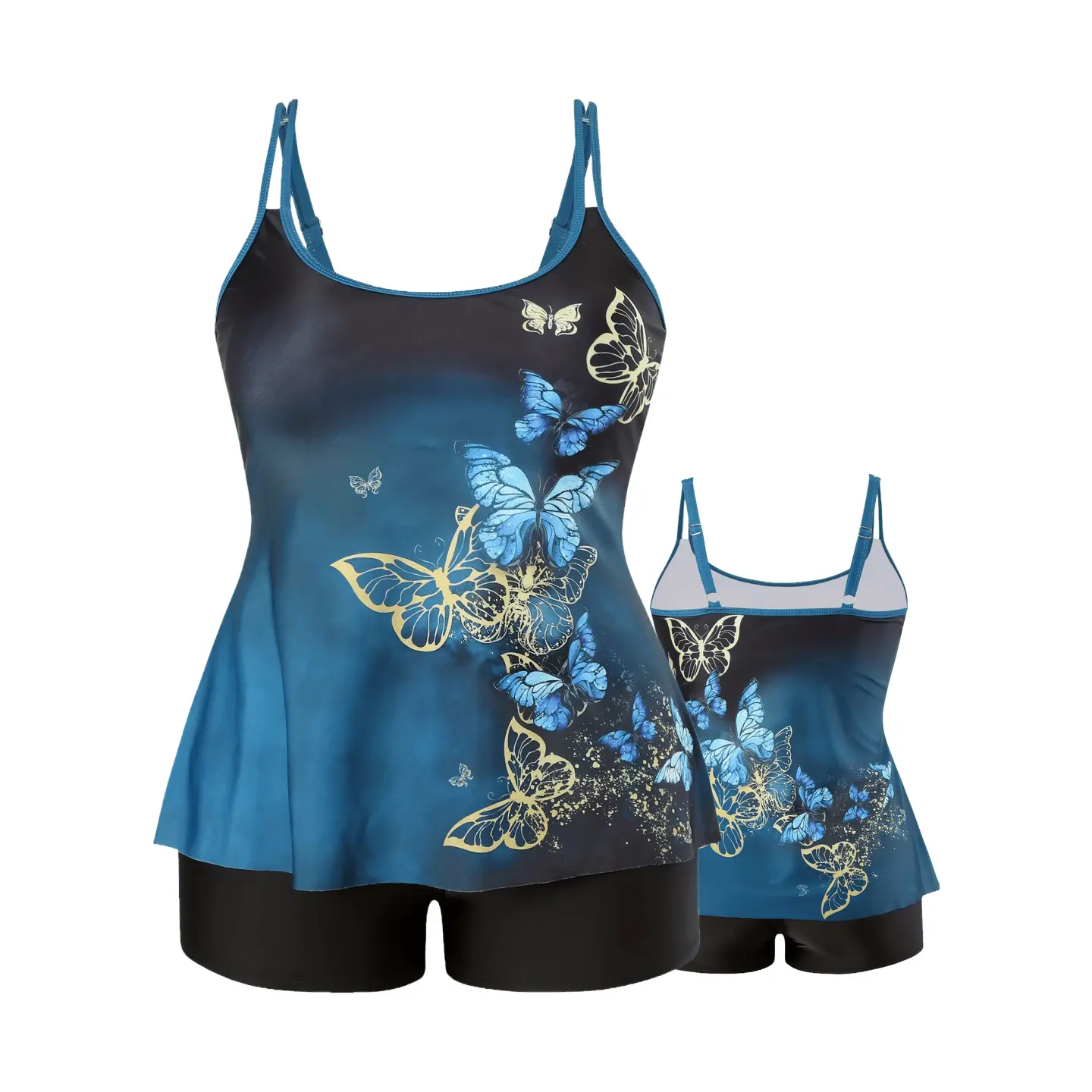 Women's Large Butterfly Print Tankini Swimsuit - Separate Bottom, Flat Leggings, Comfortable for Beach Wear