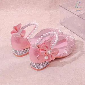 ERT-[Glitter Princess Shoes] Soft Pink Sparkling Glitter Princess Shoes |     Girls' Low-Top Wedding Party Flats with Crystal Accents - Adjustable Strap, Casual & Formal Events, Flower Girls