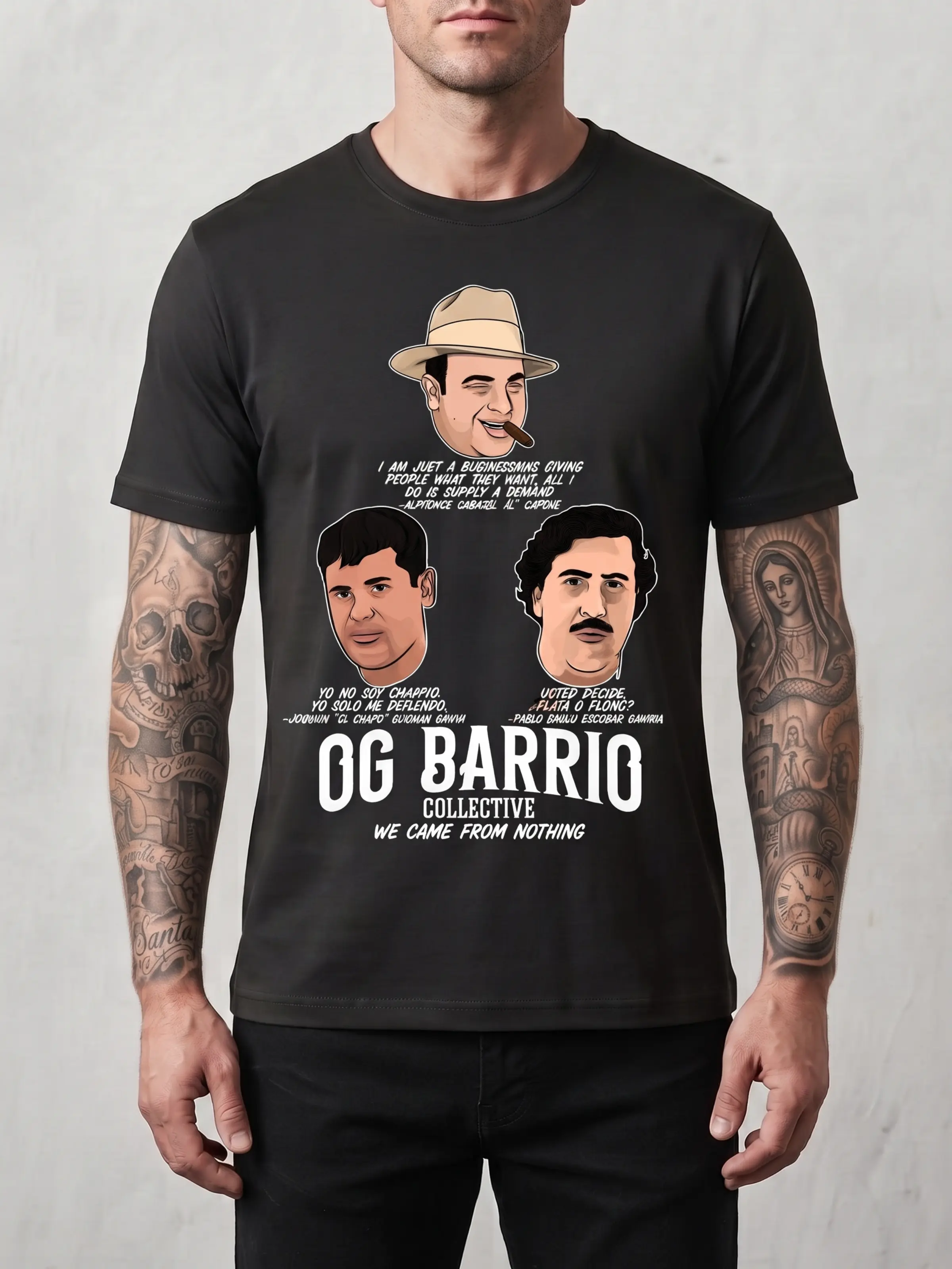 OG Barrio Collective Men's Domestic Cotton Fitted Crew Neck Short-Sleeve T-Shirt - Digital Print (Al Capone/El Chapo/Pablo Escobar), Latino Urban Streetwear Everyday Top, Eco-Conscious Practices, Retro Basic, Check Size Chart, Cold Wash Menswear