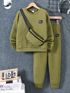 Boys' Fall Winter Casual Sporty Style Sweatshirt Fitted Set Suit, Textured Letter Print Round Neck Long Sleeve Top + Pants + Bag, Colors, Clothing Set