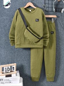 boys' fall winter casual sporty style sweatshirt set, textured letter print round neck long sleeve top + pants + bag, colors