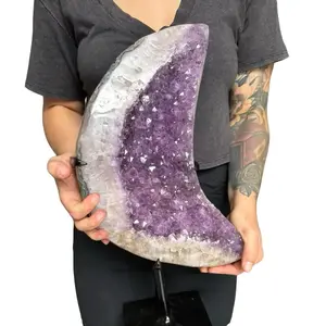 Sapphire & Sage Large Amethyst Moon Crystal Sculpture on Stand 19.5 in Hand Carved Premium Gemstone for Serenity Intuition & Celestial Style