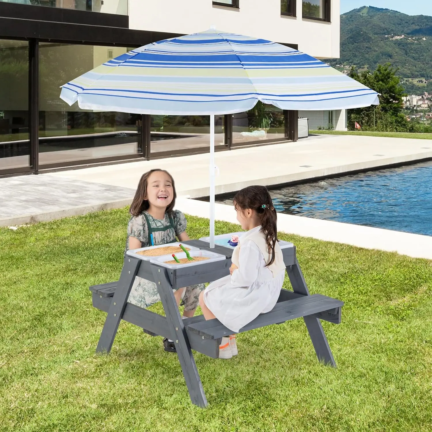 Costzo Kids Outdoor Sand & Water Playset Table - Sturdy Cedar Wood, 46”-73.5” Height-Adjustable Umbrella, Play Boxes, Removable Tabletop - Kids Picnic Table for Indoor/Outdoor Garden Backyard Use