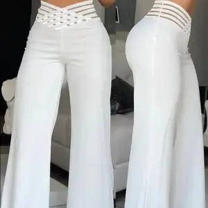 Summer Women's Hollow out Belt High Waist Casual Straight Loose Trousers Wide Leg Pants White Womenswear Bottom Comfort