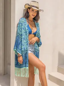 Fringe-Printed Open-Front Bikini Cover-Up for Swimwear, Surfwear Use, Bikini Cover Ups