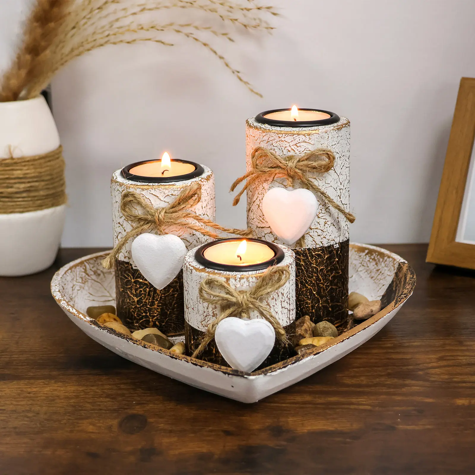 4pcs Wooden Candlestick Set, Complete Wooden Heart Candle Holder with Tea Light Stand, Cute Rope Bow Decoration and Decorative Stones, Heart Tray Decorative Bowl, Perfect Home Decoration, Christmas Gift, Valentine's Day Gift