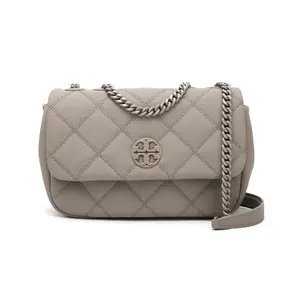 Tory Burch Willa Classic Double T Logo Quilted Goatskin Handbag and Shoulder Bag for Women in Elephant Gray