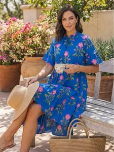 Women's Aesthetic Boho Floral Tropical Short Ruffle Sleeve Adjustable Tie Neck Tiered Flowy Babydoll Mini Dress, Outdoor Elegance Beach Vacation Sundress fathersdaygift