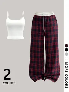 Women's Crop Top Set, Casual Summer Womenswear, Fitted Sleeveless Vest & Plaid Pants, Street Style, Hip Hop Dance Wear