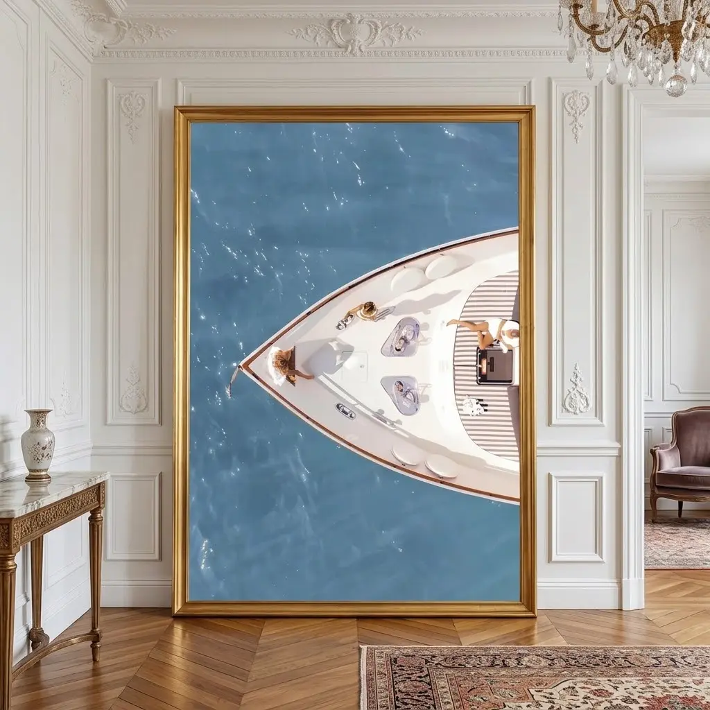 Luxury Yacht Ocean Poster, Aerial Beach Wall Art Print, Coastal Home Decor, Minimalist Seascape Artwork, No Frame