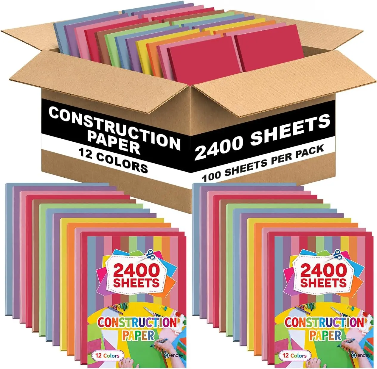 Enday Construction Paper Bulk Pack (2400 Sheets) – 12 Assorted Colors, 9x12, 100 Sheets Per Pack (24 Pack), Heavy-Duty Colored Construction Paper for Arts Crafts, School & Classroom Supplies