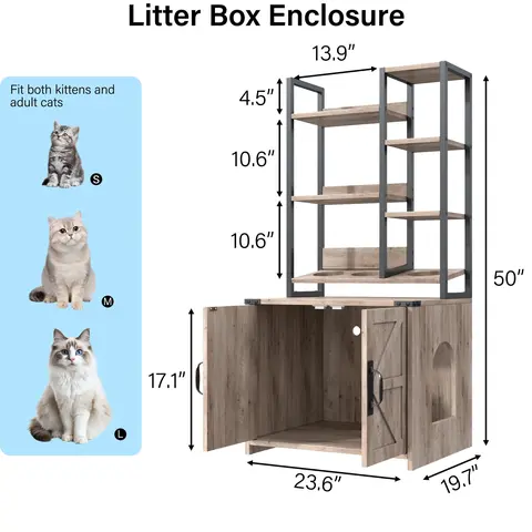 Farmhouse Style Hidden Litter Box Enclosure with Storage + Feed Station - Modern Metal Frame, 4-Tier Shelves, Barn-Style Doors, Side Entry, Anti-Tipping, Odor Control, Tall Pet Furniture to Declutter Living Space, 23.6" W x 19.7" D x 50" H