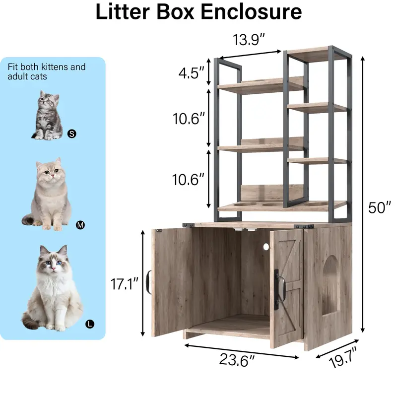 Farmhouse Style Hidden Litter Box Enclosure with Storage + Feed Station - Modern Metal Frame, 4-Tier Shelves, Barn-Style Doors, Side Entry, Anti-Tipping, Odor Control, Tall Pet Furniture to Declutter Living Space, 23.6" W x 19.7" D x 50" H
