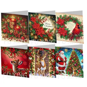 6-Piece Diamond Painting Christmas Cards Set, Santa & Reindeer Design, Perfect for Holiday Celebrations, Birthdays, and Special Occasions
