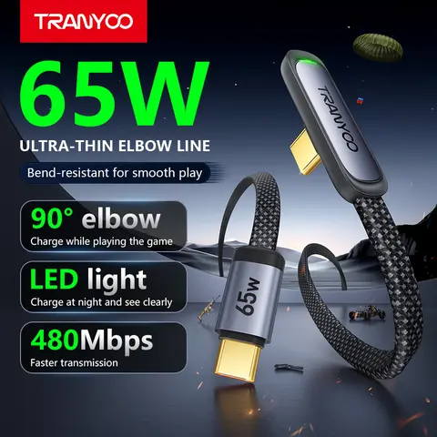 TRANYOO T-CC-3 65W USB-C Right Angle Typec Fast Charging Cable - 90° Elbow Flat Braided Cord for Gaming Users, LED Light, 480Mbps Sync, Durable Metal Connector, 1.2M for Mobile Cellphone Smartphone Electronic Devices