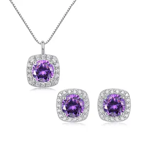 1 Set Genuine 925 Sterling Silver Amethyst Purple Cubic Zirconia Engagement Pendant Necklace Jewelry Set For Women, Festivall Anniversary Gift