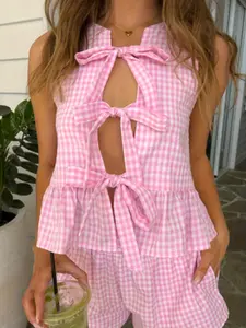 Women's Pink Gingham 2 Piece Outfit, Cute Bow Tie Sleeveless Top & Shorts Set for Summer, Fashion Co-ord Matching Set for Picnic