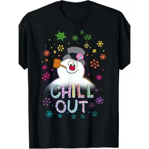 Women'S Black Frosty The Snowman Chill Out Portrait T-Shirt - Vintage Snowman Graphic With 'CHILL OUT' Text - Soft Breathable Summer Tee - Machine Washable Casual Top For Christmas Parties & Everyday Winte Golf Gift T-Shirt For Men And Women