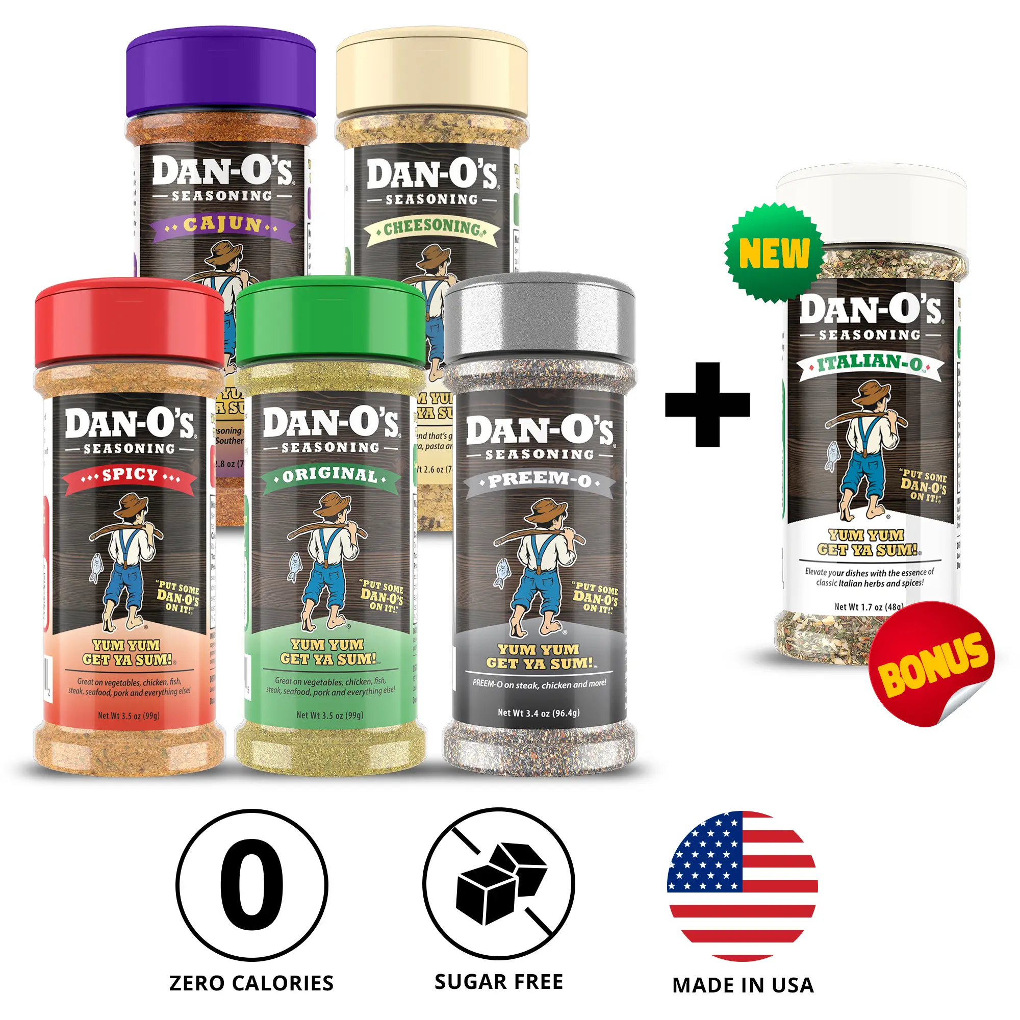 Dan-O's Favorite Sampler Pack - Small 5 bottle combo - Original, Cheesoning, Spicy, Preem-O, Cajun + FREE Italian-O