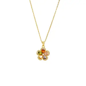 Flower Jewelry Set Light Luxury Gold-Plated Necklace Inlaid Five-Petal Flower Earrings for Women High-End Long-Lasting Copper Alloy Jewelry