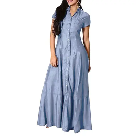 utcoco Women's Cute Cotton Denim A-Line Short-Sleeve Button-Down Maxi Dress - Ruffled Hem, Lightweight Solid Fabric, Low Iron, Baggy Fit, Hang Dry, Elegant Minimalist Wear for Beach Party, Birthday, Denim Dress