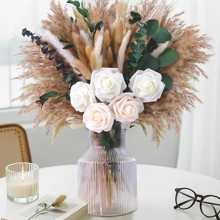 120PCS Boho Pampas Grass Bouquet with Artificial Roses, Bunny Tails & Eucalyptus, 17" Neutral Dried Flower Arrangement for Vase, Table Centerpiece, Living Room Decor, Wedding, Mother’s Day Gift