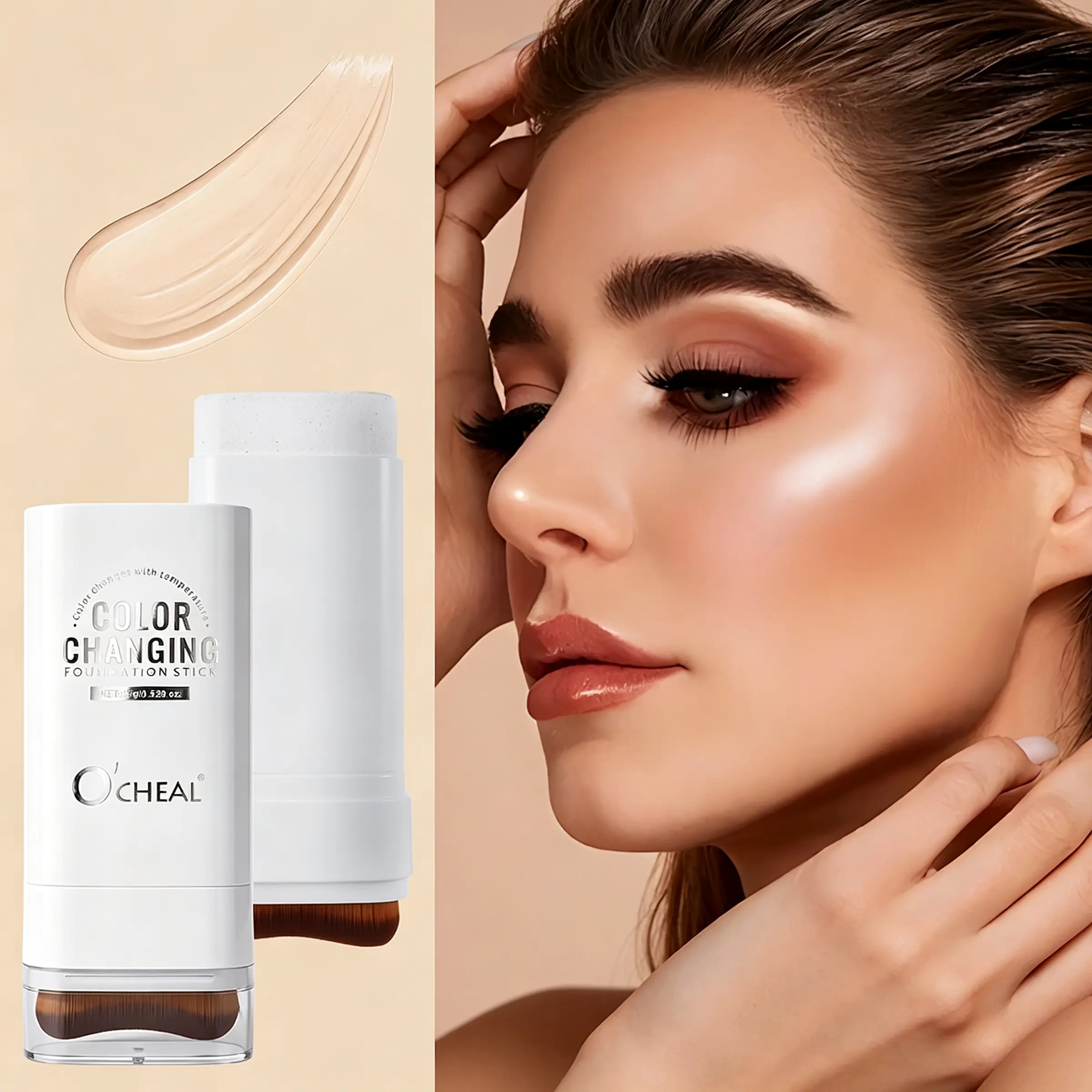 15g Color Changing Cosmetic Foundation Stick with Built-in M-Shaped Brush, Hydrating Moisture Concealer for Blemishes, Temperature-Adaptive Skin Tone Adjustment, Full Coverage Makeup Products for All Skin Types