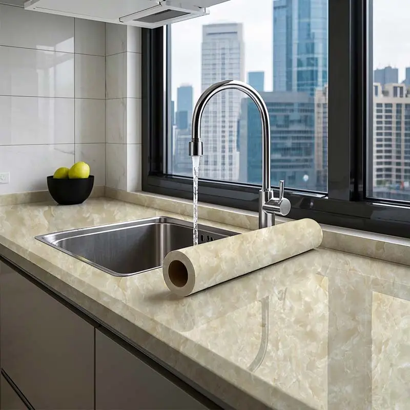 1 Roll Thick Self-adhesive Marble Appearance Cabinet Door Sticker-glossy Peel-and-paste Wallpaper for Kitchen Backsplash, Bedroom, Living Room Furniture, Marble Pattern Removable Wallpaper