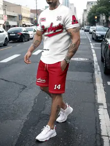 Men's Two-Piece Sports Set, Los Angeles Print Short Sleeve T-Shirt + Shorts, Summer Fitness Casual Streetwear, Athletic