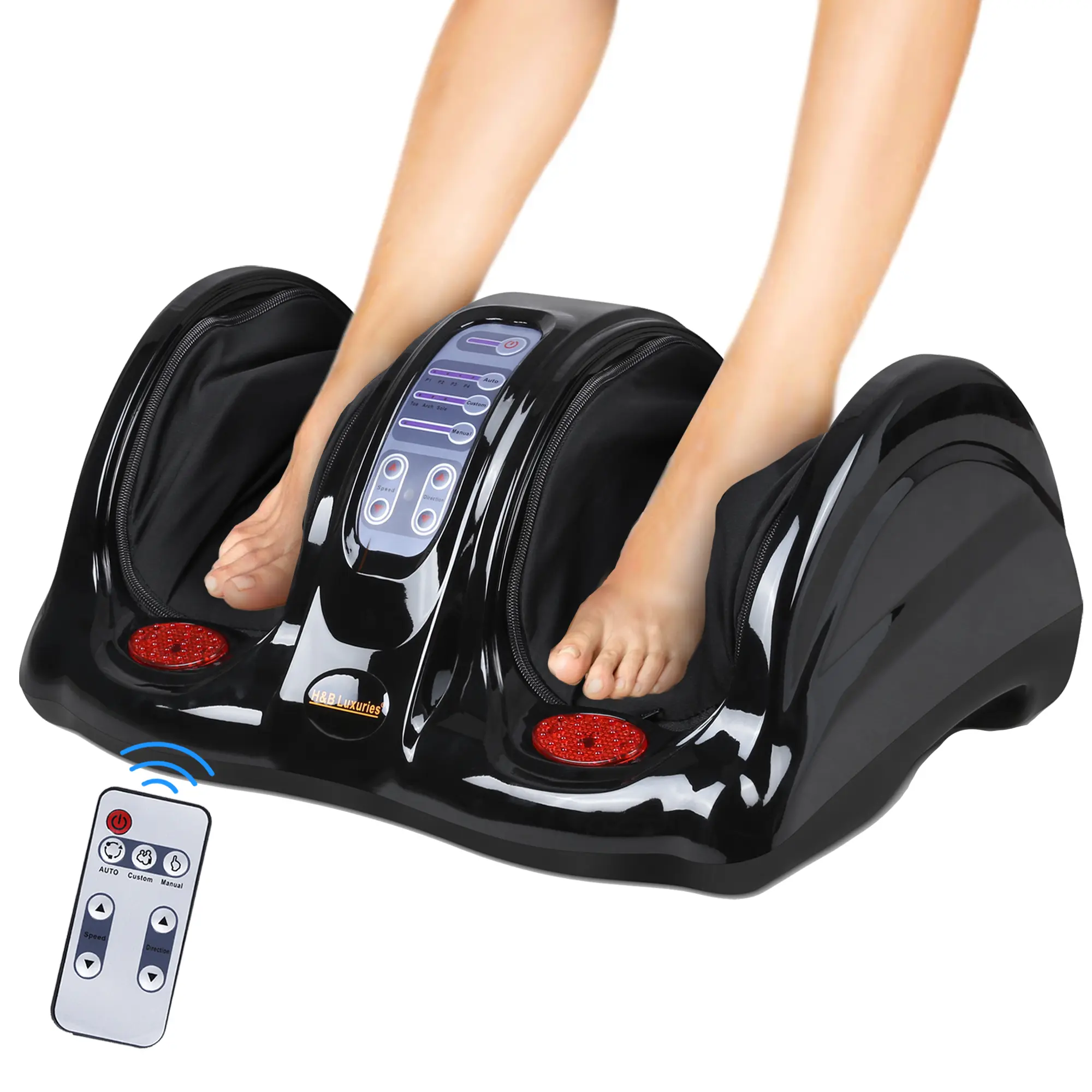 Shiatsu Foot Massager Machine with Remote Controller - Sensitive Rolling Kneading Roll, Reflexology Pain Relief for Feet, Ankle, Calf, Leg - Adjustable Black Silicone Pads - Home Use for Mom, Father (Gift Option)