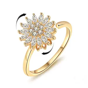 Dainty Sunflower Zircon Fingertip Ring Adjustable Open Rotating Ring Fashion Couple Jewelry Gift for Wedding Anniversary Daily Party Wear