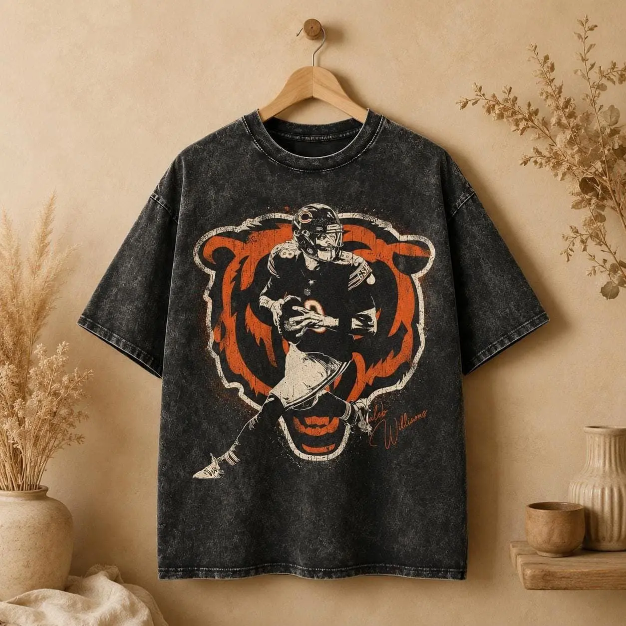 Caleb Williams Vintage Bear Logo Graphic Custom Football T-Shirt, Washed Cotton Fan Gift Tee