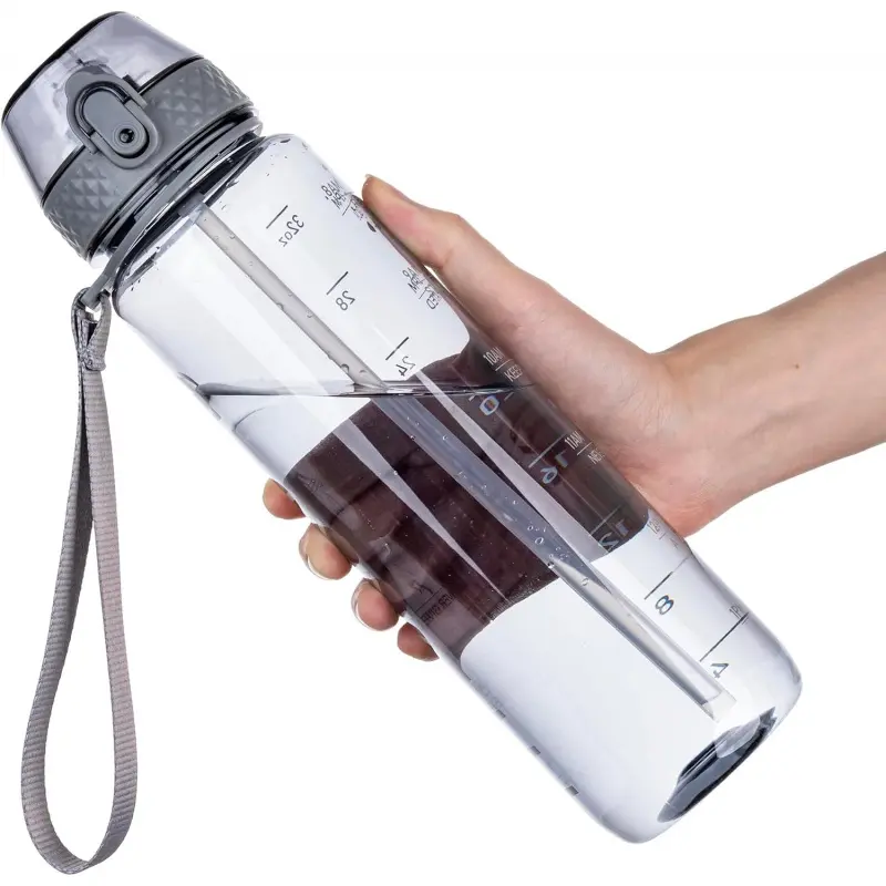 Water Bottles Clear Water Bottle with Straw 32oz Plastic Water Bottles  Wide Mouth Bottle Leakproof Motivational bottles water for Gym,Hiking,School or Office(1 Bottles)-L