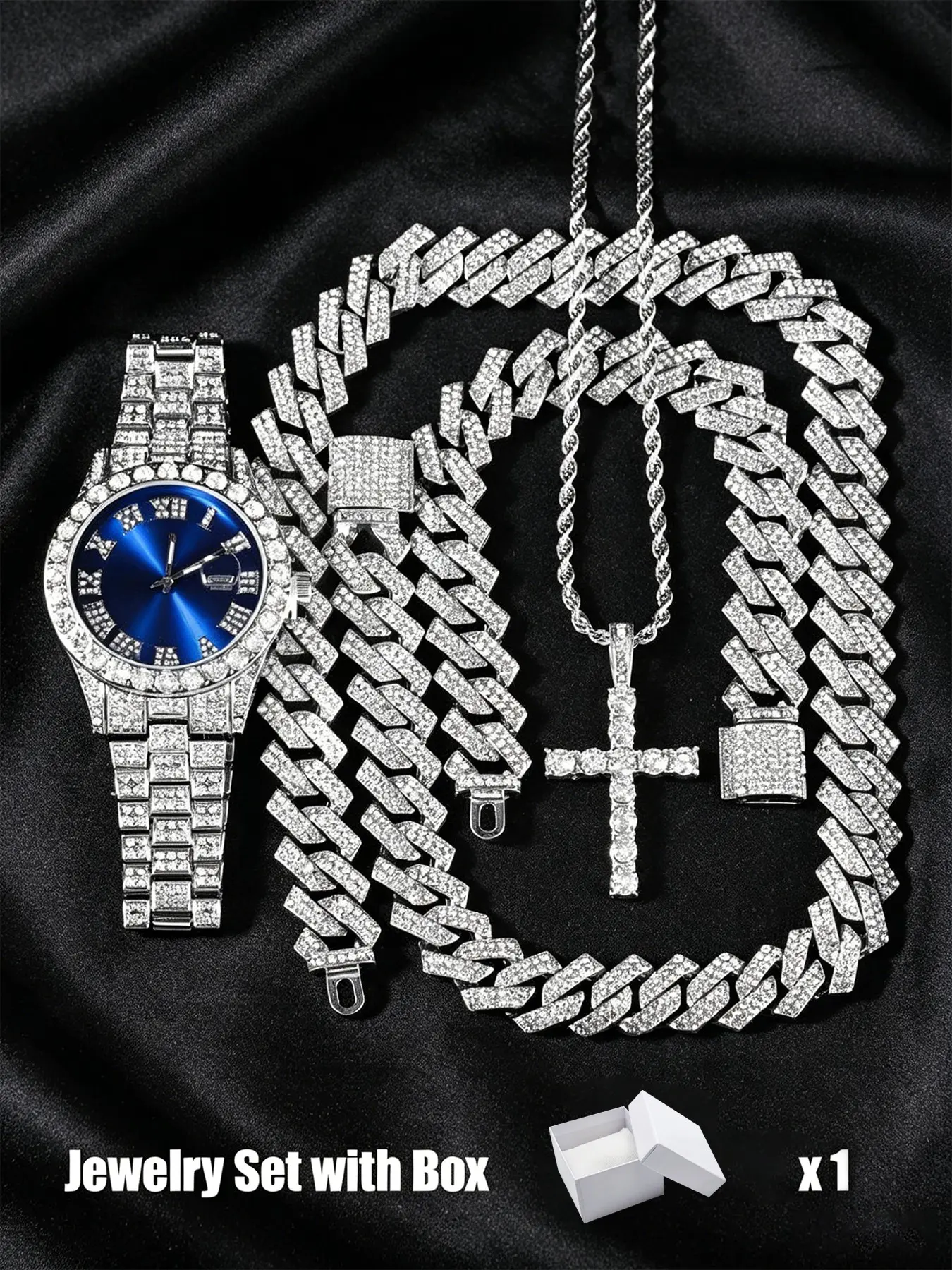 Luxury Punk Style Watch Set, Fashion Jewelry Set, Includes Necklace, Bracelet, Cross Pendant, Quartz Movement, Adjustable Strap, Unisex, All Seasons Wear