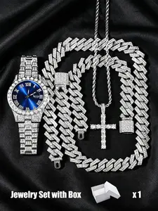 Luxury Punk Style Watch Set, Includes Necklace, Bracelet, Cross Pendant, Quartz Movement, Adjustable Strap, Unisex, All Seasons Wear