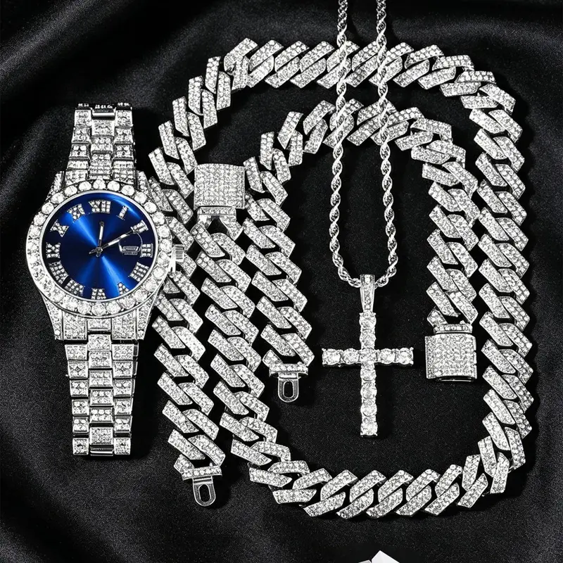 Luxury Punk Style Watch Set, Fashion Jewelry Set, Includes Necklace, Bracelet, Cross Pendant, Quartz Movement, Adjustable Strap, Unisex, All Seasons Wear, Fashionable Jewelry Set, Trendy Jewelry Set, Accessory Set