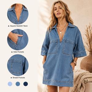 FMEYOA Womens Denim Shirt Dress Summer Collared V Neck Mini Casual Jean Dresses with Pockets