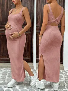 ELARA Solid Color Casual Ribbed Open Back Sleeveless Dress Maternity Two Piece Set Ribbed Two Piece Set Cut Out Maxi Dress Maternity Dress Two Piece Dress Set Sexy Maternity Dress Cut Out Maxi Skirt Set