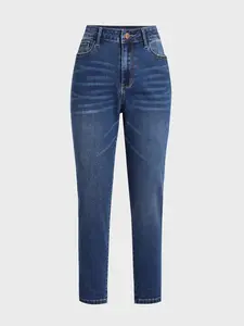 Enhanced Lift-Up Jeans - Fitted, Plain Style, Above the Ankle Length, Minimalist Denim Bottoms for Women