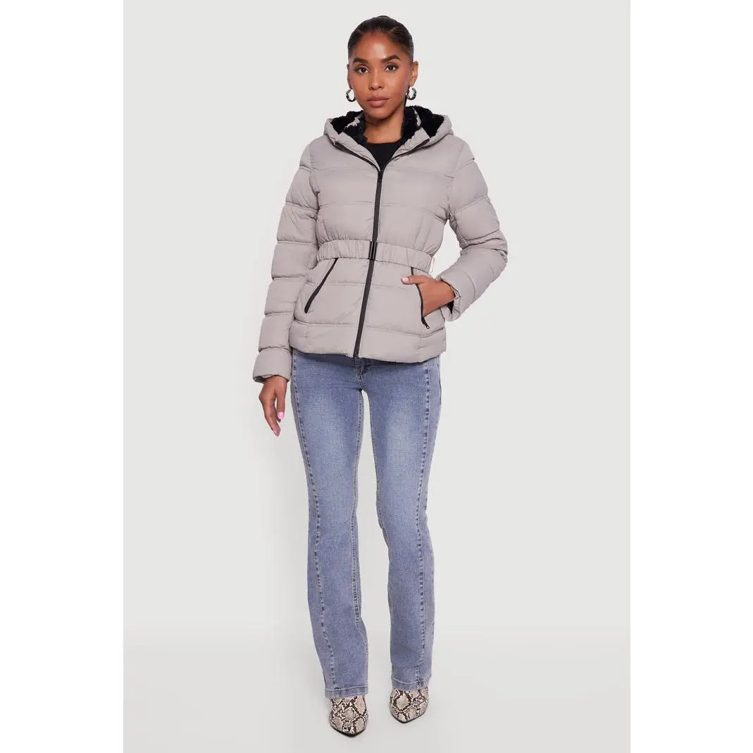 Faux Fur Lined Hooded Puffer Jacket with Belt