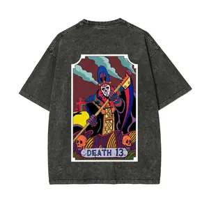 Tarot Card Series "Death" Card, Number 13, American-style washed T-shirt, regular fit, Made in the USA, 100% cotton, men's washed T-shirt, streetwear style top.