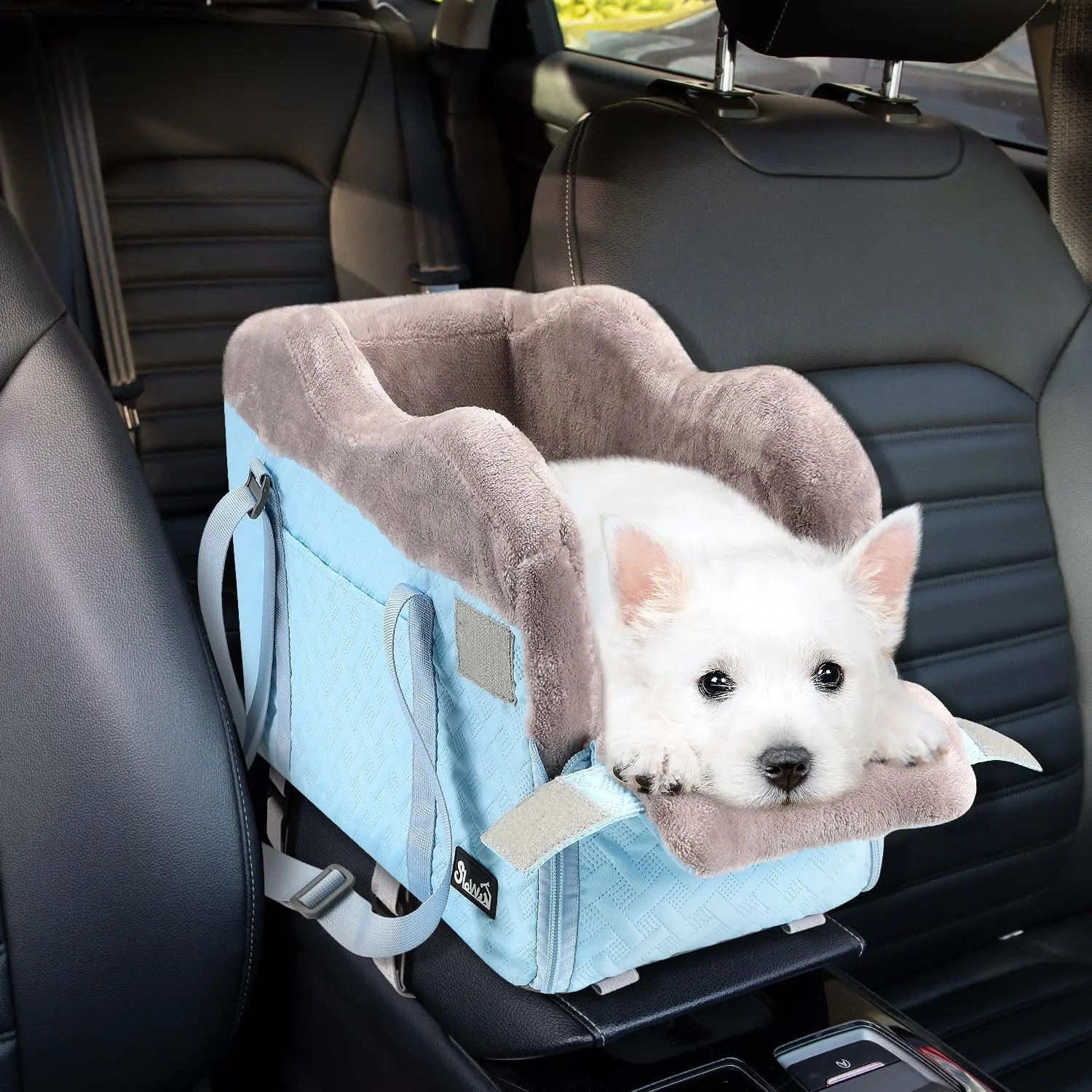 Portable Dog Console Car Seat Carrier - Pet Car Accessories for Small Dogs Up to 9 lbs, Washable, Thick Sponge Cushion, Safety Belt Hooks, Storage Pocket, Blue