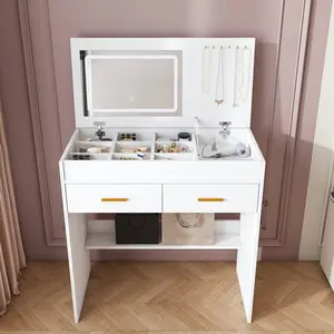 Flip Top Vanity Desk with LED Lighted Mirror & Built-in Outlet - Makeup Vanity Table with 2 Drawers, Open Storage, Hooks for Jewelry (No Stool Included, White)