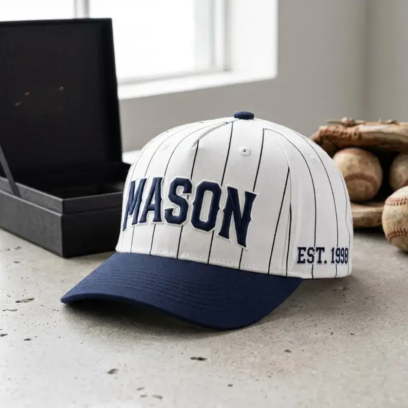 Personalized Name & Birth Year Embroidered Pinstripe Varsity Baseball Cap, Custom Hat, Birthday Gift