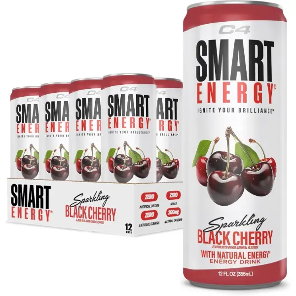 Smart Energy Drink – Boost Focus and Energy with Zero Sugar, Natural Energy, and Nootropics - 200mg Caffeine - Black Cherry (12oz Pack of 12)