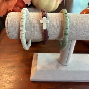 Green, Burgundy, and Tan Cross Beaded Bracelet Stack