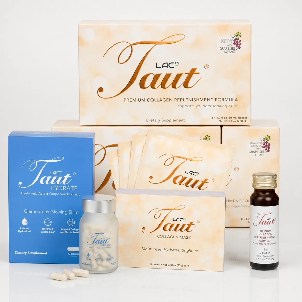 RenewSkin Taut Ultimate Transformation Beauty Supplement Program - 24-Day Liquid Marine Collagen Drinks, 5 Sheet Masks, 60 Vegan Gluten-Free Cruelty-Free Hydration Capsules with Grape Seed Extract, Ceramides for Firmer, Glowing Skin (Collagen Supplements)