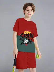 Summer Kids Sports Two-Piece Set Spain Spain2026 Football Print Short Sleeve T-Shirt + Shorts, Breathable Casual Clothing